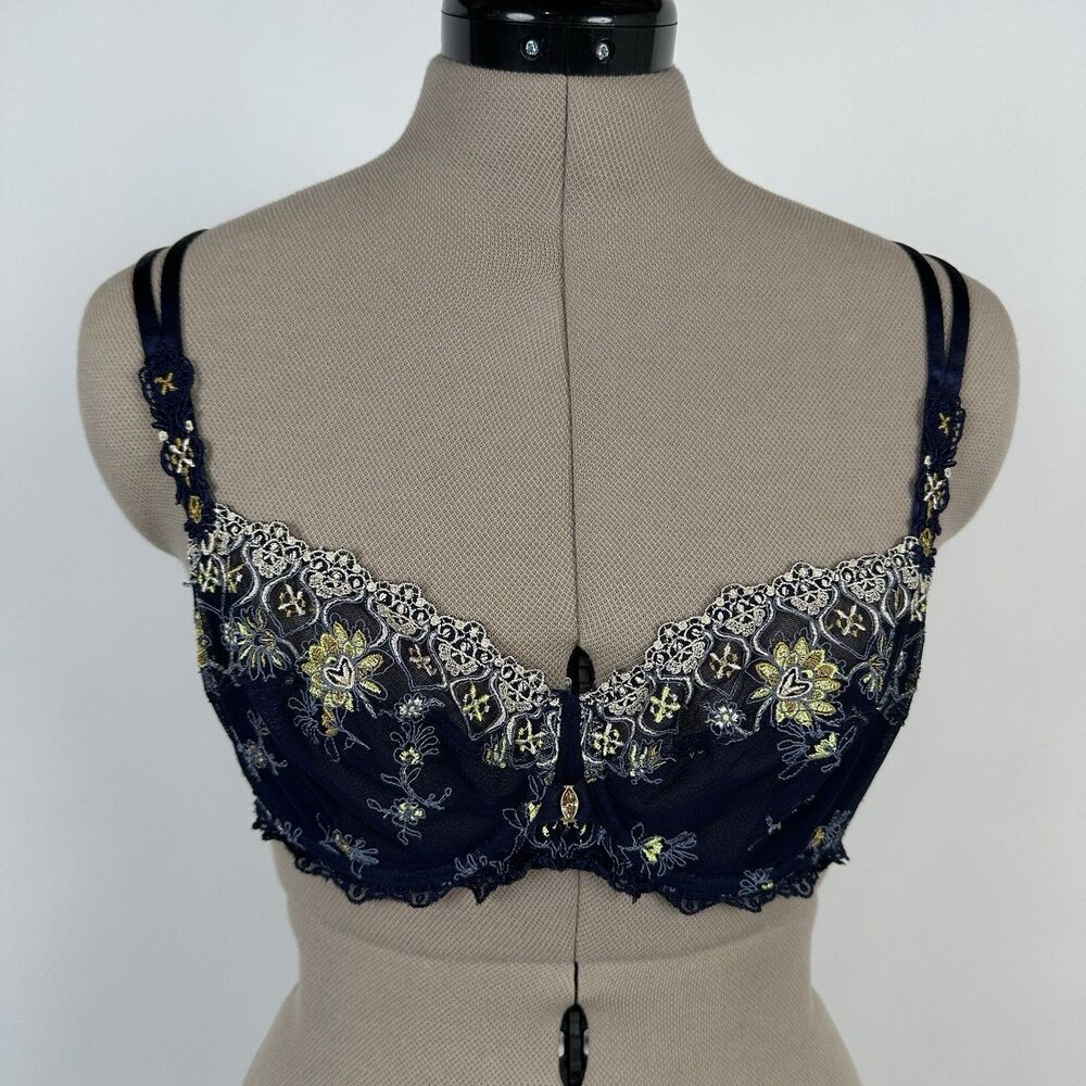 Lisa Charmel Blue Unlined Balconette Bra 32 D Underwire Floral Embroidered Lace